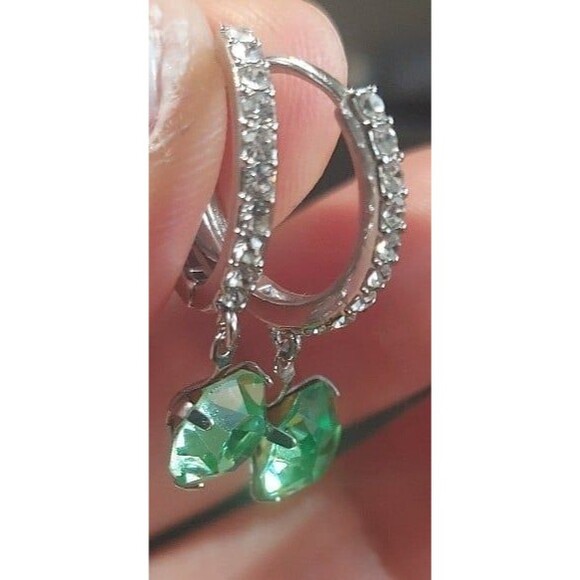 Uranium glass silvertone adjustable ring and huggie hoop earrings - Picture 2 of 12